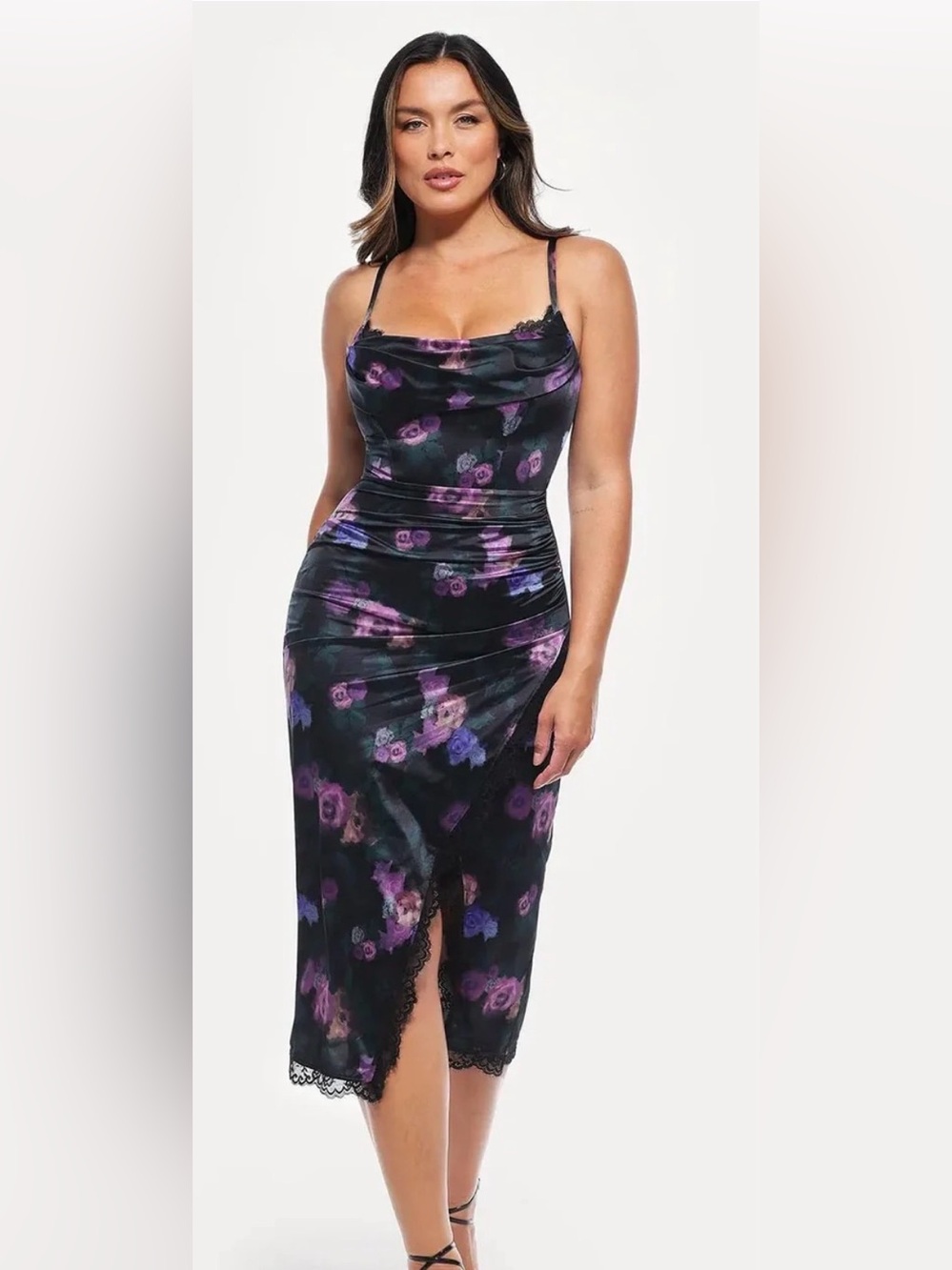 Popilush NEW Lace Trim Sculpting Floral-Print Midi Dress Size Small